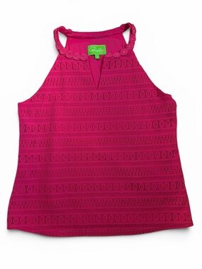 Cappagallo Hot Pink Openwork Knit Tank Top Sleeveless Pointelle Crochet Detail L